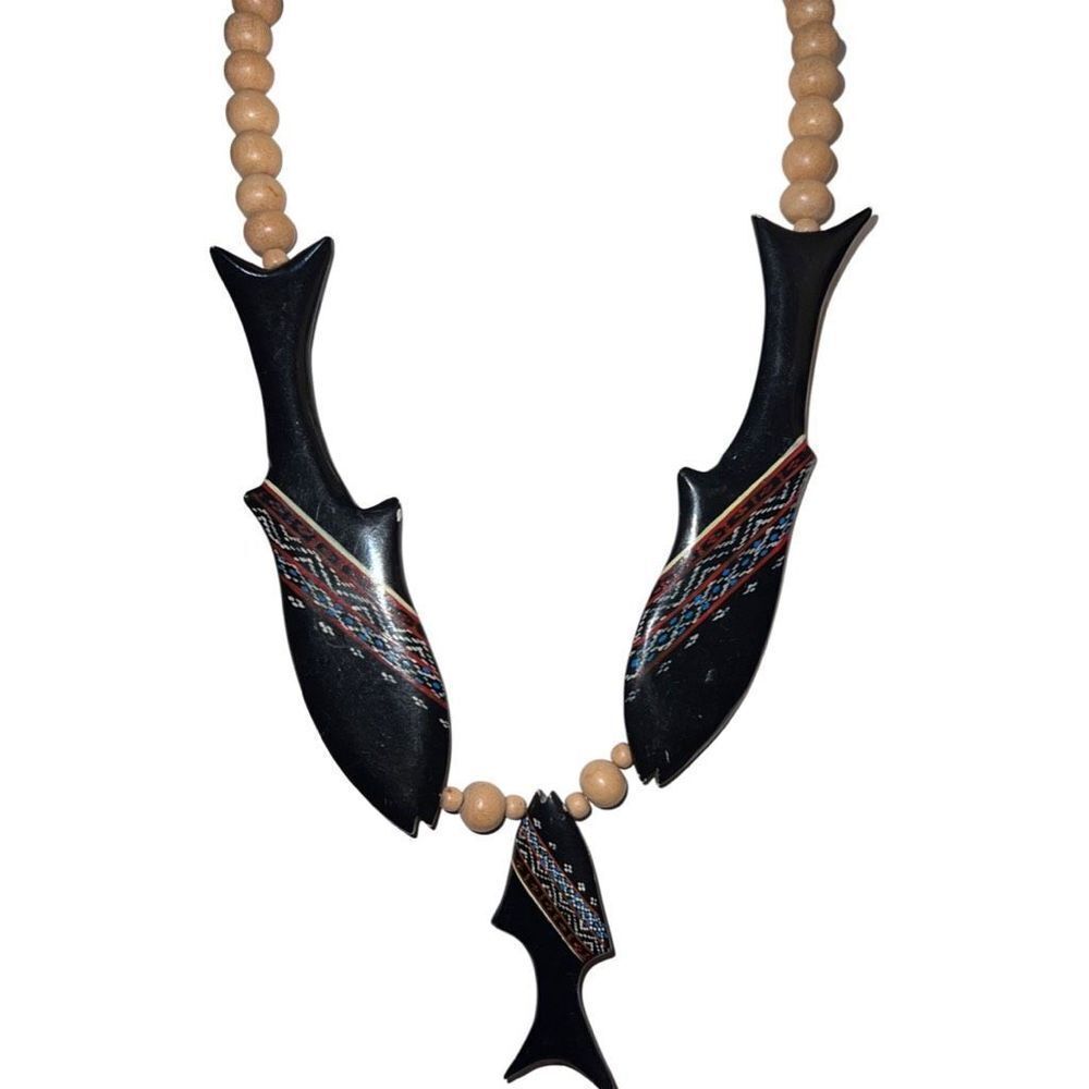 Unisex Vintage Wood Beaded Fish Necklace